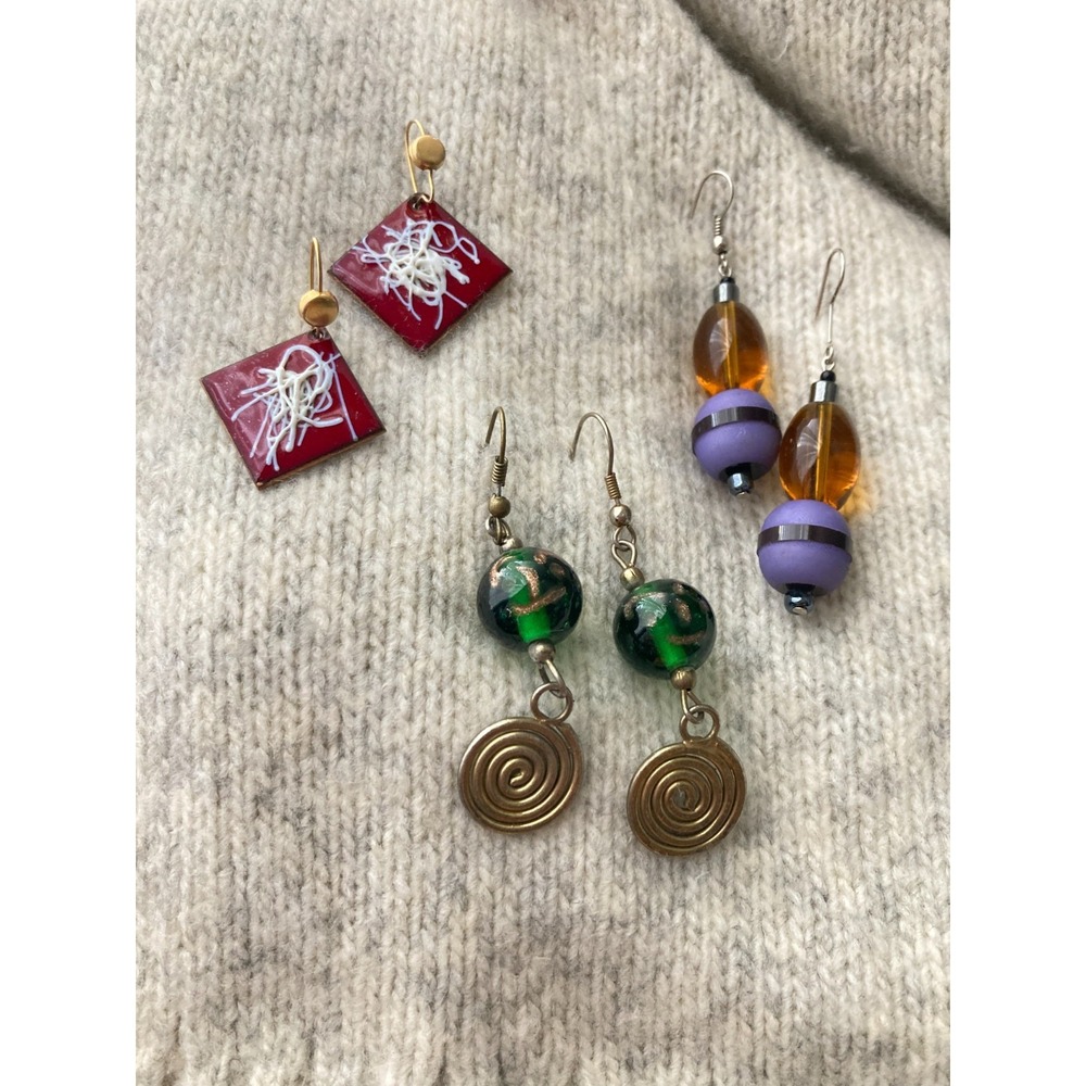 Artisan Dangle Earrings Lot Set of 3 Pairs Artsy Art To Wear Beaded Abstract